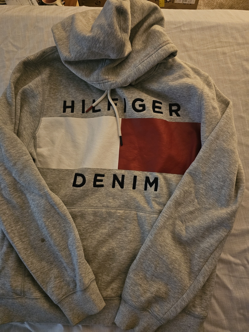 Tommy Hilfiger Gray Hoodie with Red & White Flag Logo